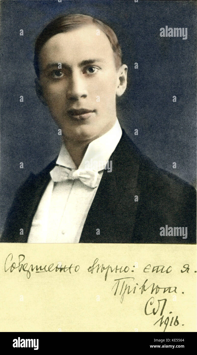 Sergei Prokofiev  in Petrograd, 1916. Autograph: ' That`s right, it`s I '. Russian composer, 27 April 1891 - 5 March 1953. Stock Photo